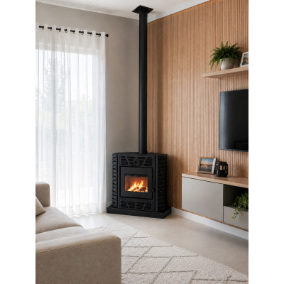 Calefator Gold versão Canto com ventilação forçada + Dupla Combustão + Convecção + Gaveta de Cinza com capacidade de aquecimento de até 200m² ou 400m³